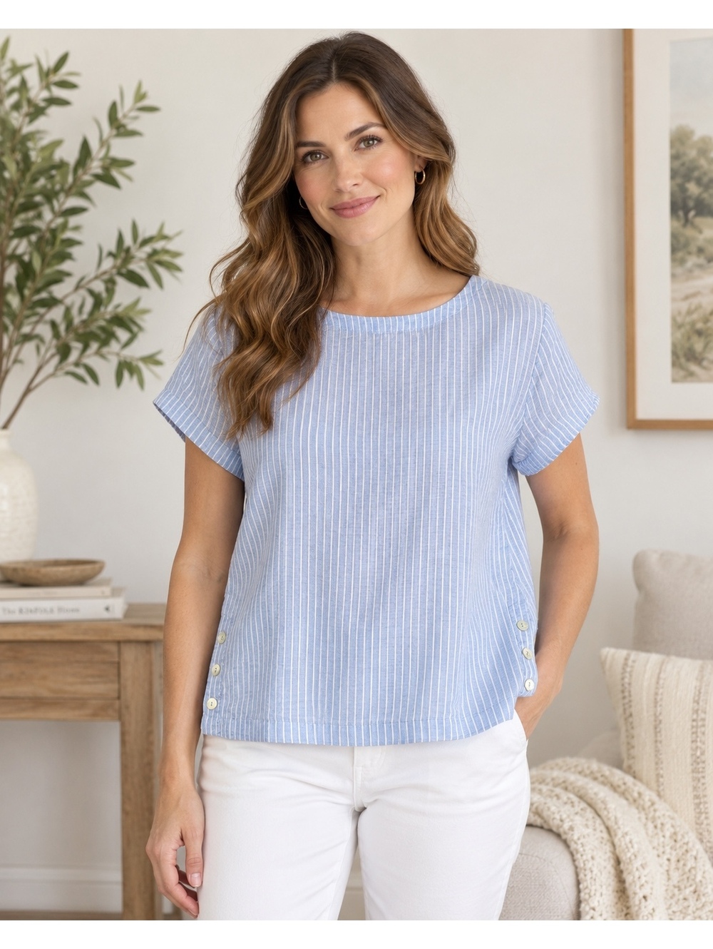 Blue White Striped Linen Top Sigrid Olsen Button Side Detail XL